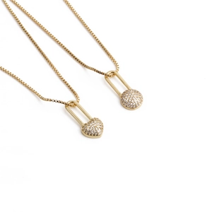 Gold lock and heart zircon pendant necklace featuring fine box chains and inlaid crystals