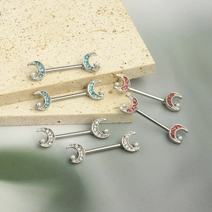 Symmetric moon-shaped stainless steel nipple rings with crystals and pearls in three colors