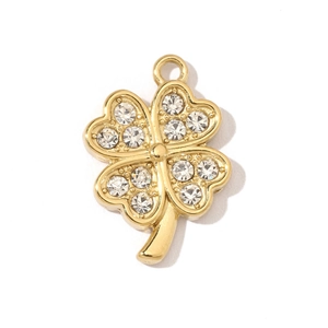 Detailed view of a gold-plated four-leaf clover pendant with sparkling crystal inlay