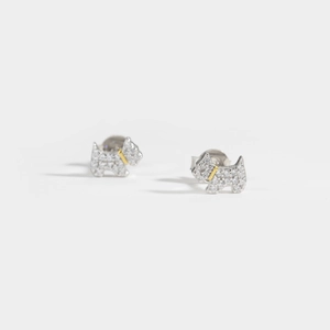 Cute S925 silver Scottish Terrier stud earrings with white zircon and gold collar detail