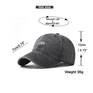 Detailed size specifications for washed cotton baseball cap with embroidered logo