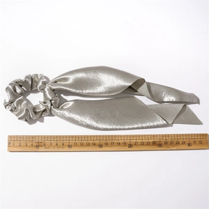 Elegant silver-grey satin bow scrunchie with 32cm long streamers for women hairstyles