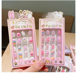 Close-up of 24pcs cartoon nail stickers with pink unicorn and magical dream patterns