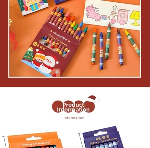 Detailed close-up of colorful 12-pack Christmas crayons with cartoon Santa packaging