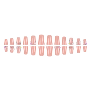Pink press-on nails set with 3D daisies pearls and crystals in square-oval shape