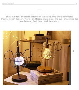 Detailed view of Mickey shaped LED table lamp with metal frame and warm bulb