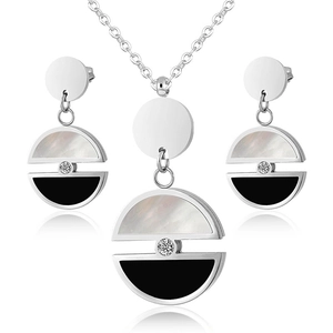 Minimalist black and white shell geometric necklace and earring set with center crystal