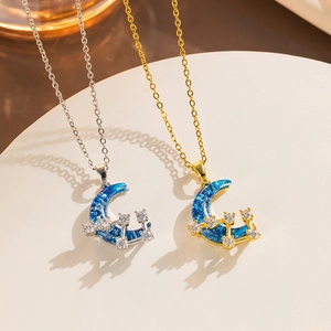 Starry Sky Blue Artificial Opal Moon Pendant Necklace For Women Stainless Steel Rhinestone Big Dipper Star Clavicle Chain