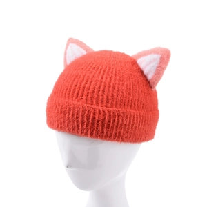 Cute knitted children's cat ear hat in orange plush yarn with white inner ear details