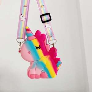 Detail of colorful silicone unicorn pop fidget bag with adjustable rainbow pattern shoulder strap