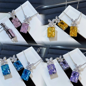 S925 sterling silver jewelry set with radiant cut gemstones in four vibrant colors