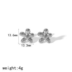 Polished silver floral stud earrings in stainless steel with dimension measurements