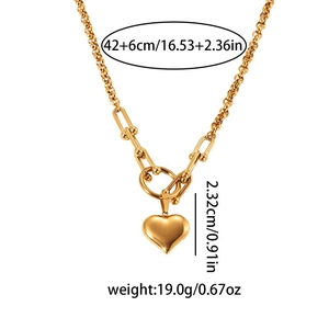 Detailed view of golden heart pendant necklace with U-shaped chain and size specifications