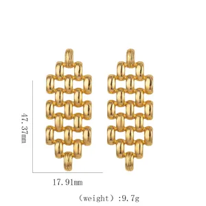 Detail view of 18k gold plated geometric drop earrings showing 47mm length dimensions
