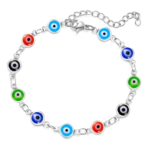 Pulsera ojo turco colorida con cuentas multicolores y cadena ajustable de aleación de plata