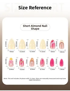 Size chart showing 12 different dimensions for short almond 3D flower press-on nails