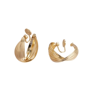 Gold twisted round clip-on earrings with layered metal design in professional view