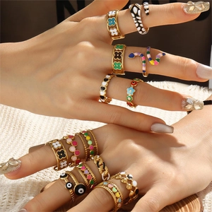 Fashion Enamel Adjustable Open Ring Colorful Stainless Steel Gold Plated Geometric Snake Evil Eye Heart Jewelry For Women