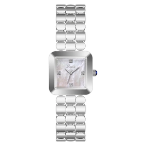 Detail of square mother-of-pearl dial watch with zircon markers and silver chain link strap