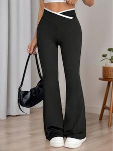High Waisted Flared Pants For Women Cross V Waist Knit Contrast Color Slim Fit Elastic Long Bell Bottom Trousers
