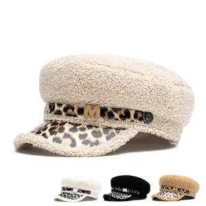 Women Lamb Wool Newsboy Cap Leopard Print Military Hat Warm Adjustable Flat Top Winter Fashionable Navy Hat