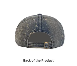 Rear view of washed denim newsboy cap featuring an adjustable metal buckle and distressed detail