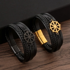 Men Bracelet Multi-layer Woven Leather Stainless Steel Ship Rudder Helm Nautical Vintage Punk Magnetic Clasp Hand Jewelry