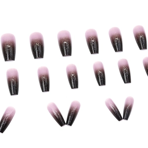 Long ballet press-on nails with purple to black gradient and starry glitter finish