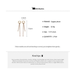 Detailed specs of tassel earrings with zircon stones and copper base sizing dimensions