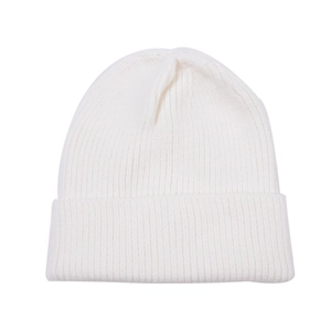 Detailed view of the fine ribbed knitting and folded cuff on this white beanie hat