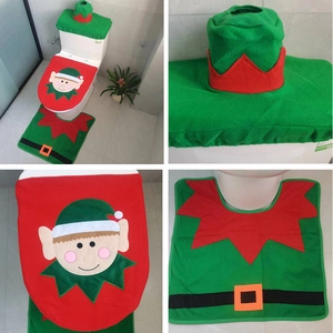 Detail of 3-piece Christmas elf toilet seat cover and rug set for bathroom decor
