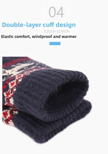 Macro view of double-layer ribbed cuff on dark blue winter touch screen knit gloves