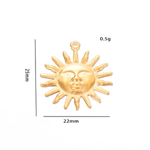 Detailed view of gold sun face pendant measuring 25mm by 22mm for DIY jewelry making