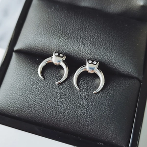 Macro shot of silver crescent horn earrings with white zircon accents in a black leather box