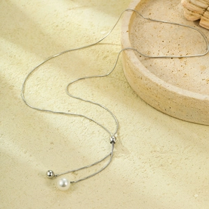 Adjustable silver stainless steel long necklace with pearl and metal bead decoration