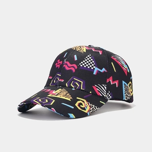 Detail of vibrant graffiti baseball cap with Memphis style geometric patterns and neon colors