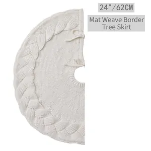 24 inch white braided cable knit Christmas tree skirt with decorative tie closure