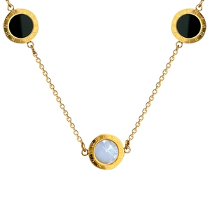 Gold titanium steel necklace featuring three Roman numeral pendants with black and pearl inlay