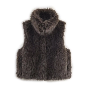 Faux Fur Vest Sleeveless Stand Collar Warm Winter Waistcoat Retro Casual Solid Coffee Brown For Women