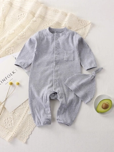Infant ribbed cotton romper set with matching knotted hat in soft light grey