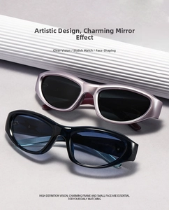 Detail view of stylish sunglasses showing inner frame specs and sleek metal texture