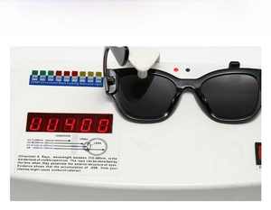 Detail view of oval sunglasses showing UV400 protection test on a digital meter