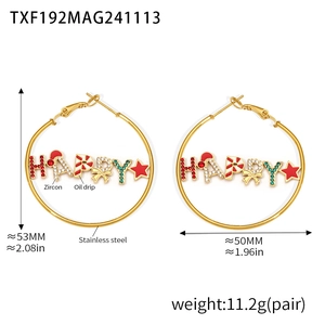 Detail of gold HAPPY letter hoop earrings with zircon stars and drip oil finish
