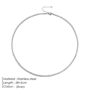 Detail view of silvery stainless steel tennis necklace with 38+5cm length specifications