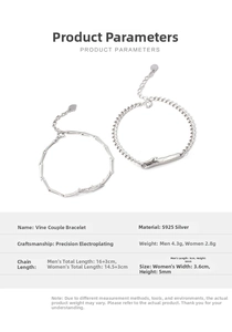 Size chart showing S925 sterling silver tree vine couple bracelets with technical data