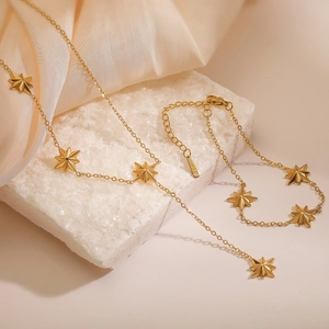 18K gold plated stainless steel necklace with star pendants on white crystal stone