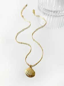 Detail of gold shell pendant necklace with elegant satellite chain on white background