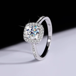Macro detail of S925 sterling silver ring with square moissanite and pave setting