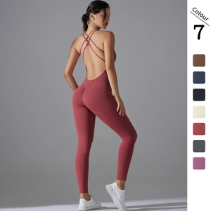 Women Yoga Jumpsuit Backless Cross Back Scrunch Butt One Piece Unitard Fitness Gym Bodysuit Nylon Spandex Quick Dry