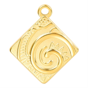 Square stainless steel pendant with 18k gold plating and embossed totem pattern